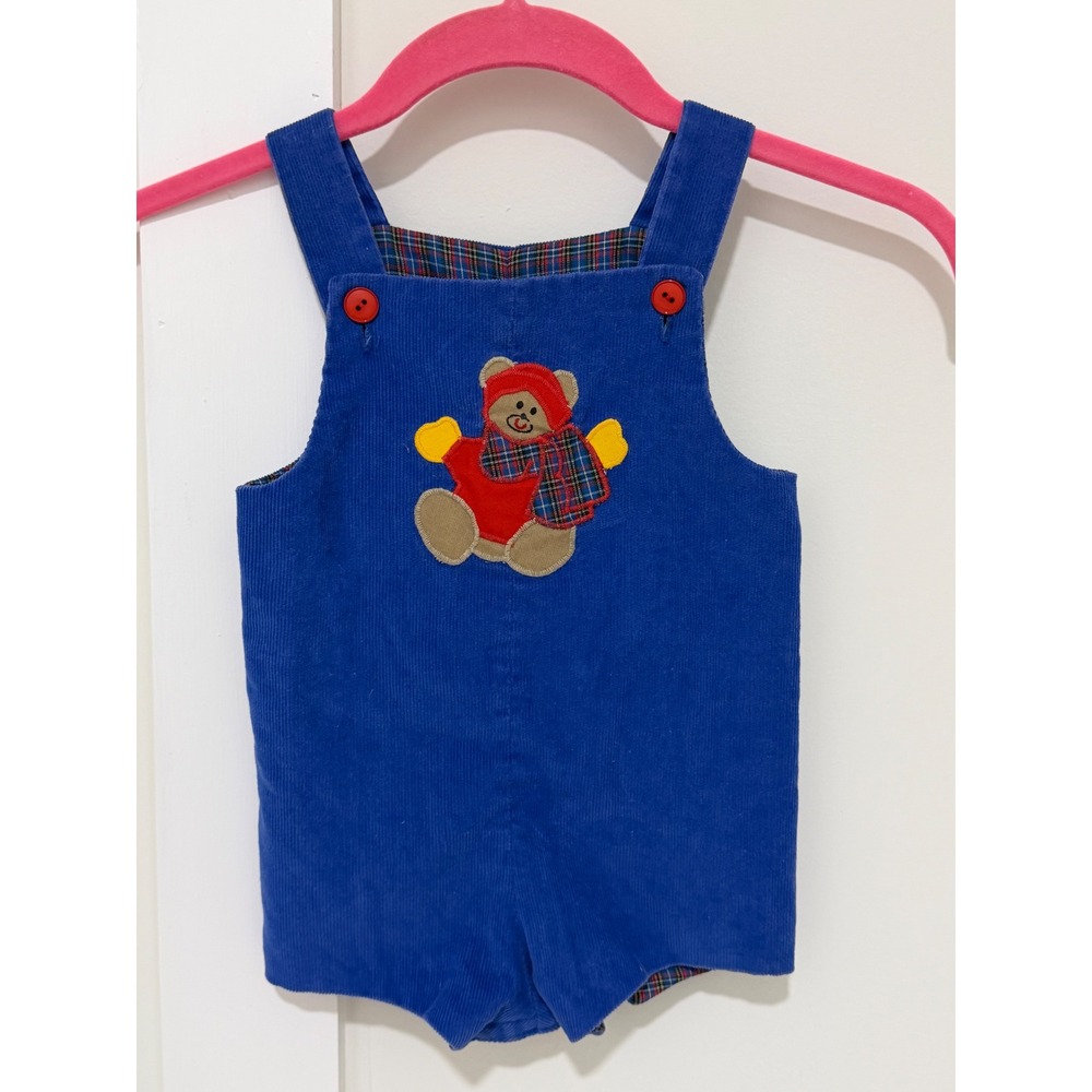 VTG Reversible Corduroy Romper Blue Teddy Bear Plaid Train Toddler Size L TREY